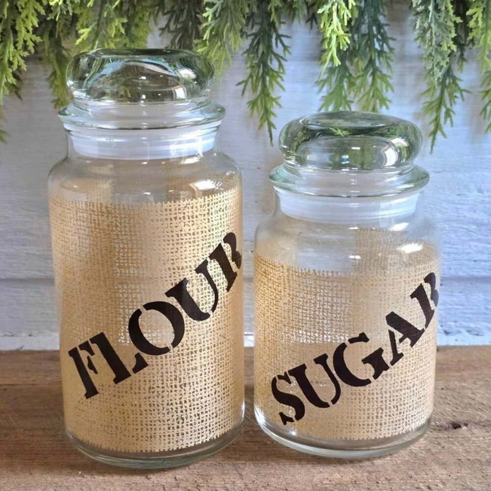 Primitive Glass Faux Burlap Flower & Sugar Canister Set Farmhouse Kitchen Decor